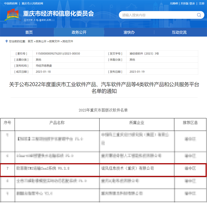 欧菲斯TMS运输SaaS系统入选「2023年重庆市首版次软件名单」 以数字化重构运输管理新范式
